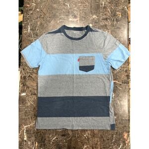 Levis Mens Striped Pocket T-Shirt Blue Grey Heather Crewneck Short Sleeve M